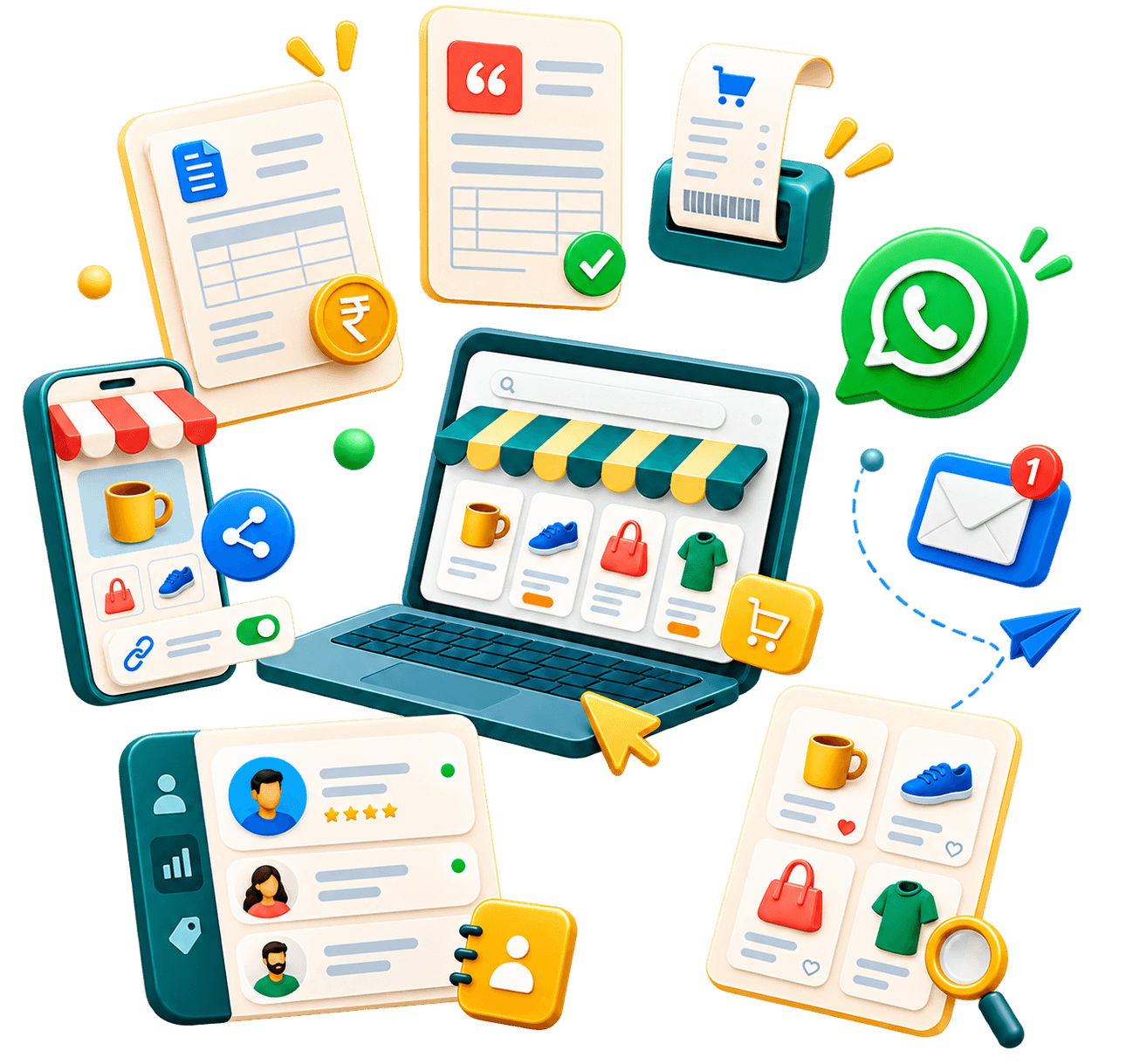 Colorful product feature graphics for invoices, storefronts, email, WhatsApp, and clients
