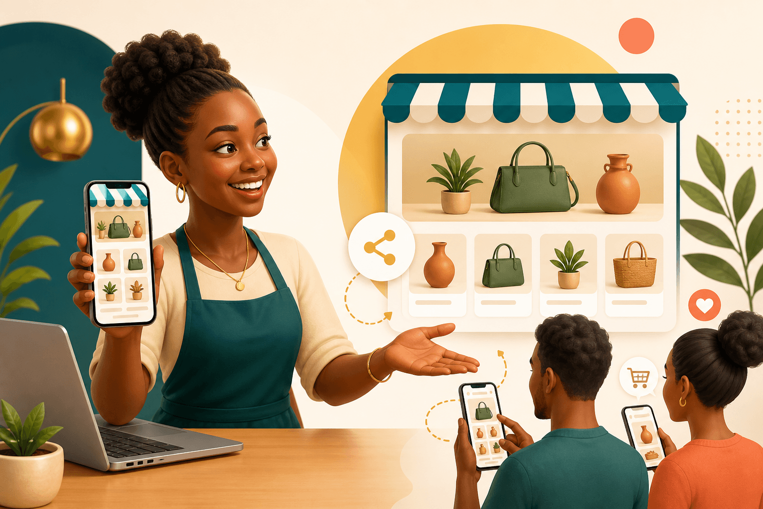Business owner sharing an online storefront with customers browsing products on their phones